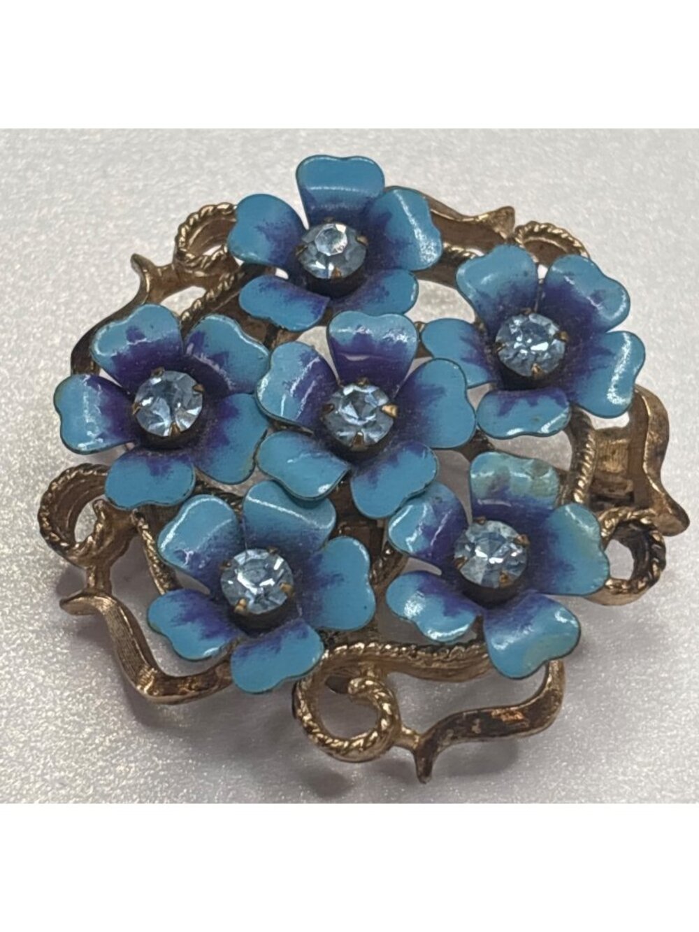 Vintage Blue Enamel Flower and Rhinestone Brooch or Pendant | Love Blossoms, 197